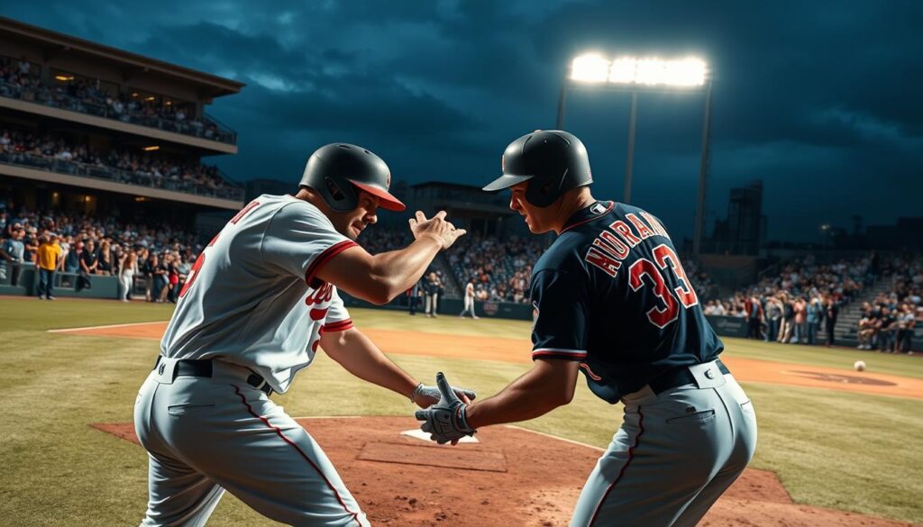 A heated baseball rivalry unfolds on the minor league diamond. In the foreground, two players from opposing teams engage in an intense on-field confrontation, their faces etched with fierce determination. The middle ground captures the roaring crowd, spectators leaning forward in their seats, their expressions a mix of excitement and anticipation. In the background, the stadium looms, its classic architecture and bright lights setting the stage for this clash of regional pride. Dramatic shadows and dynamic lighting create a sense of high-stakes drama, as the players battle for supremacy on the field. The air is thick with the electric energy of a true minor league baseball rivalry.