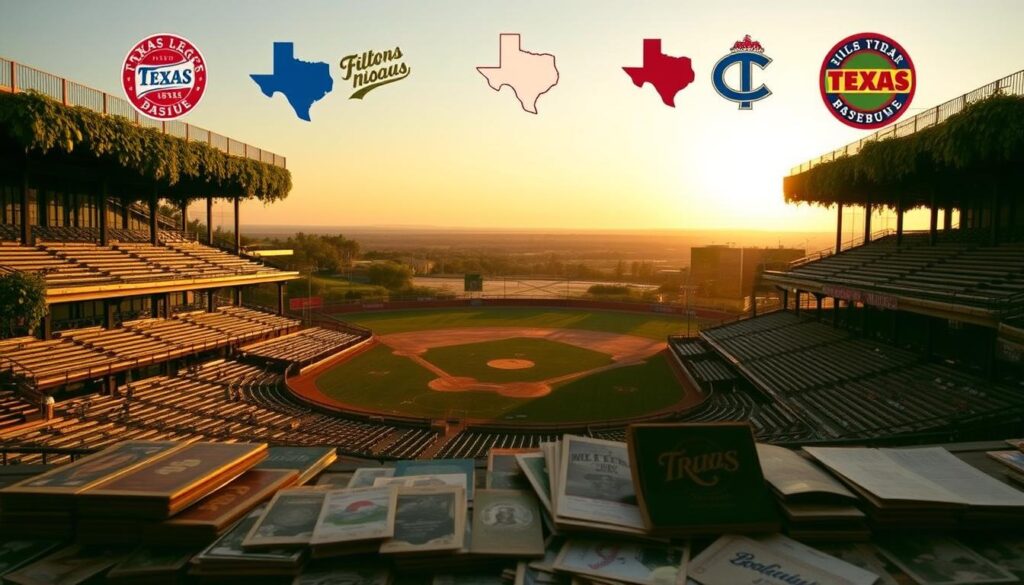 A vintage baseball stadium set against a panoramic view of the Texas landscape, with the silhouettes of historic Texas League team logos floating above in the golden evening light. The worn wooden bleachers and ivy-covered walls evoke the timeless spirit of the minor leagues, while the fading paint and weathered signs hint at the teams of the past. In the foreground, a collection of old baseball cards and memorabilia, carefully arranged to showcase the evolution of these legendary franchises, now scattered across the country. The scene radiates a sense of nostalgia and the enduring legacy of the Texas League, a true icon of America's pastime.