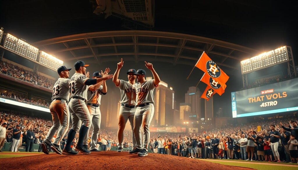 A dramatic, action-packed scene of the Houston Astros' championship season. In the foreground, star players celebrate on the mound, their uniforms dirty and triumphant expressions captured in a cinematic, low-angle shot. The middle ground shows the packed stadium, fans erupting in cheers and waving Astros flags. In the background, the iconic Houston skyline glimmers under dramatic, golden-hued lighting, the stadium's retractable roof partially open. The atmosphere is electric, conveying the thrill and magnitude of the Astros' historic victory.
