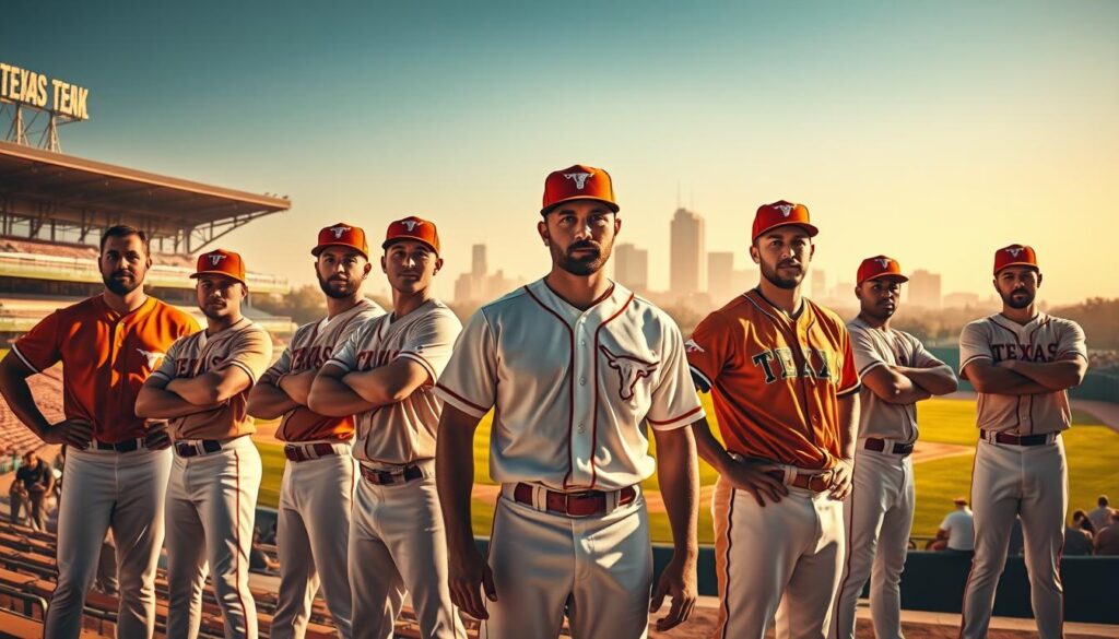 A dynamic group portrait of renowned college baseball legends from the storied Texas Longhorns team, captured in a dramatic, cinematic style. The players stand proudly in the foreground, their muscular frames and steely gazes conveying the determination and skill that defined their careers. The mid-ground features the iconic Disch-Falk Field, its grandstands and manicured diamond bathed in warm, golden sunlight, evoking the rich history and tradition of the program. In the background, a hazy, dreamlike skyline of the Austin cityscape serves as a fitting backdrop, symbolizing the lasting impact these athletes have had on their university and community. Crisp, high-contrast lighting and a shallow depth of field draw the viewer's eye to the players, who embody the essence of Texas Longhorns baseball excellence. A dynamic group portrait of renowned college baseball legends from the storied Texas Longhorns team, captured in a dramatic, cinematic style. The players stand proudly in the foreground, their muscular frames and steely gazes conveying the determination and skill that defined their careers. The mid-ground features the iconic Disch-Falk Field, its grandstands and manicured diamond bathed in warm, golden sunlight, evoking the rich history and tradition of the program. In the background, a hazy, dreamlike skyline of the Austin cityscape serves as a fitting backdrop, symbolizing the lasting impact these athletes have had on their university and community. Crisp, high-contrast lighting and a shallow depth of field draw the viewer's eye to the players, who embody the essence of Texas Longhorns baseball excellence.