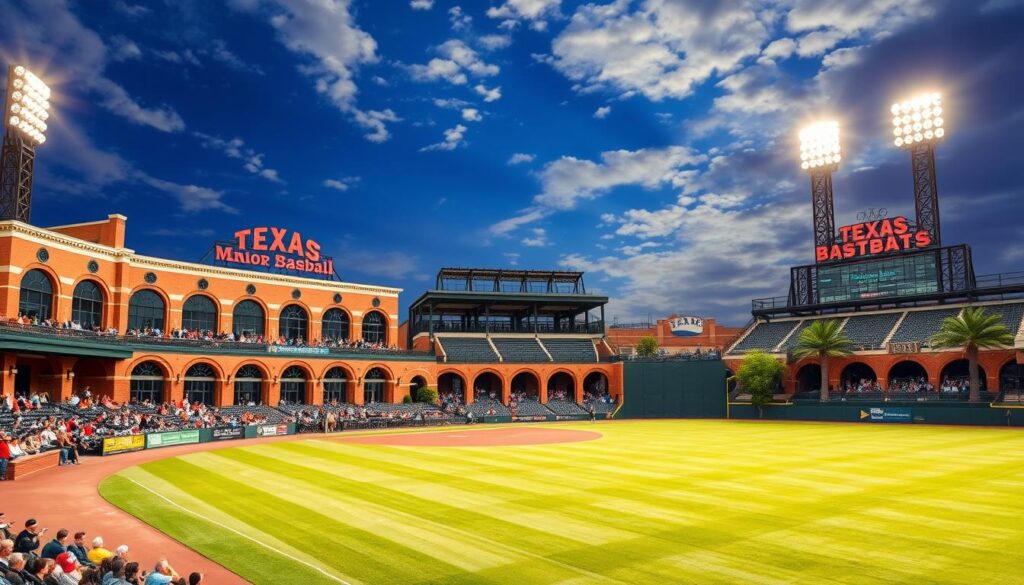 A minor league baseball stadium nestled in the heart of a vibrant Texas town, its architecture a harmonious blend of classic and modern elements. The facade features warm brick, ornate arched entrances, and vintage-inspired signage, evoking the golden age of America's pastime. Beneath a sun-dappled sky, fans gather in the grandstand, their excitement palpable as they await the first pitch. The playing field, meticulously groomed, is framed by lush greenery and towering light standards that cast a warm, golden glow over the entire scene. This is a place where the spirit of the game is celebrated, where memories are forged, and where the legacy of Texas baseball lives on. A minor league baseball stadium nestled in the heart of a vibrant Texas town, its architecture a harmonious blend of classic and modern elements. The facade features warm brick, ornate arched entrances, and vintage-inspired signage, evoking the golden age of America's pastime. Beneath a sun-dappled sky, fans gather in the grandstand, their excitement palpable as they await the first pitch. The playing field, meticulously groomed, is framed by lush greenery and towering light standards that cast a warm, golden glow over the entire scene. This is a place where the spirit of the game is celebrated, where memories are forged, and where the legacy of Texas baseball lives on.