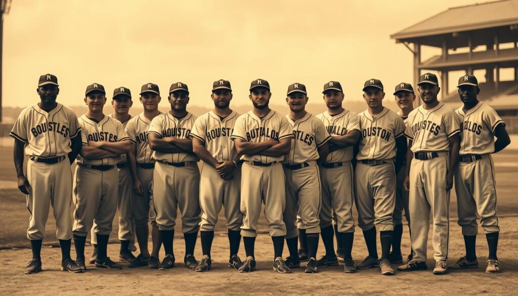 A team photo of the legendary Houston Buffaloes baseball players, captured in a classic sepia-toned portrait. In the foreground, the star players stand tall and proud, their faces filled with determination and the spirit of the game. In the middle ground, the supporting cast of coaches and team staff surround them, their expressions conveying the camaraderie and teamwork that defined the Buffaloes' legacy. The background fades into a warm, nostalgic haze, evoking the golden era of Texas baseball before the rise of the Astros. The lighting is soft and dramatic, highlighting the players' rugged features and the timeless elegance of the scene. The image captures the essence of the Buffaloes' dominance and the enduring impact they had on the sport. A team photo of the legendary Houston Buffaloes baseball players, captured in a classic sepia-toned portrait. In the foreground, the star players stand tall and proud, their faces filled with determination and the spirit of the game. In the middle ground, the supporting cast of coaches and team staff surround them, their expressions conveying the camaraderie and teamwork that defined the Buffaloes' legacy. The background fades into a warm, nostalgic haze, evoking the golden era of Texas baseball before the rise of the Astros. The lighting is soft and dramatic, highlighting the players' rugged features and the timeless elegance of the scene. The image captures the essence of the Buffaloes' dominance and the enduring impact they had on the sport.