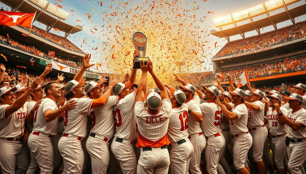 A thrilling celebration erupts as the Texas Longhorns baseball team triumphantly lifts the NCAA Championship trophy. In the foreground, jubilant players in their crisp white and burnt orange uniforms embrace, their faces beaming with pride and elation. In the middle ground, coaches and staff join the revelry, high-fiving and cheering amidst a shower of confetti. The background showcases the iconic Disch-Falk Field, its grandstands filled with a roaring, adoring crowd waving Longhorn flags and banners. Warm, golden stadium lighting casts a celebratory glow, capturing the historic moment in a dynamic, cinematic composition. A thrilling celebration erupts as the Texas Longhorns baseball team triumphantly lifts the NCAA Championship trophy. In the foreground, jubilant players in their crisp white and burnt orange uniforms embrace, their faces beaming with pride and elation. In the middle ground, coaches and staff join the revelry, high-fiving and cheering amidst a shower of confetti. The background showcases the iconic Disch-Falk Field, its grandstands filled with a roaring, adoring crowd waving Longhorn flags and banners. Warm, golden stadium lighting casts a celebratory glow, capturing the historic moment in a dynamic, cinematic composition.