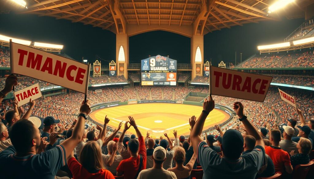A vibrant and immersive MLB fan experience unfolds within a bustling ballpark. In the foreground, passionate fans decked in team colors cheer and wave their emblazoned banners, their faces alight with exhilaration. The middle ground reveals a panoramic view of the field, where players engage in an intense game, their movements captured in dynamic motion. Towering in the background, the stadium's grand architecture frames the scene, its arched entrances and architectural details evoking the timeless legacy of America's pastime. Warm, golden lighting bathes the entire composition, infusing the atmosphere with a nostalgic, celebratory ambiance that captures the heart and soul of the MLB fan experience.