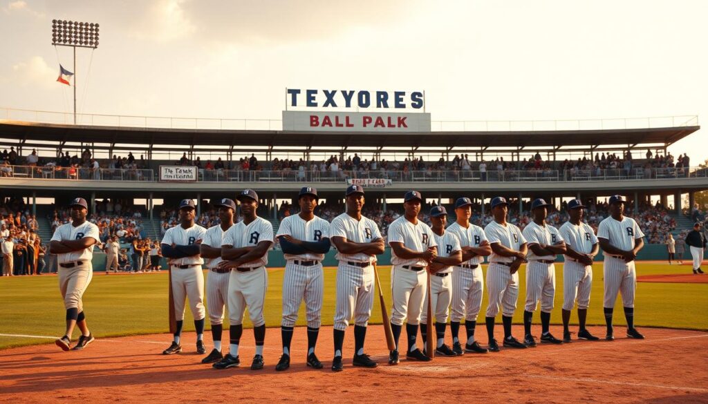A vibrant outdoor scene depicting historic Texas Black baseball teams in the mid-20th century. In the foreground, a group of players in crisp uniforms stand proudly on a well-manicured diamond, bats in hand and expressions of determination. In the middle ground, fans fill the bleachers, their faces animated with excitement. The background showcases the distinctive architecture of a classic Texas ballpark, bathed in warm, golden light. The atmosphere is one of camaraderie, perseverance, and the thrilling spirit of America's pastime, capturing the legacy of these trailblazing teams who broke barriers and inspired generations.