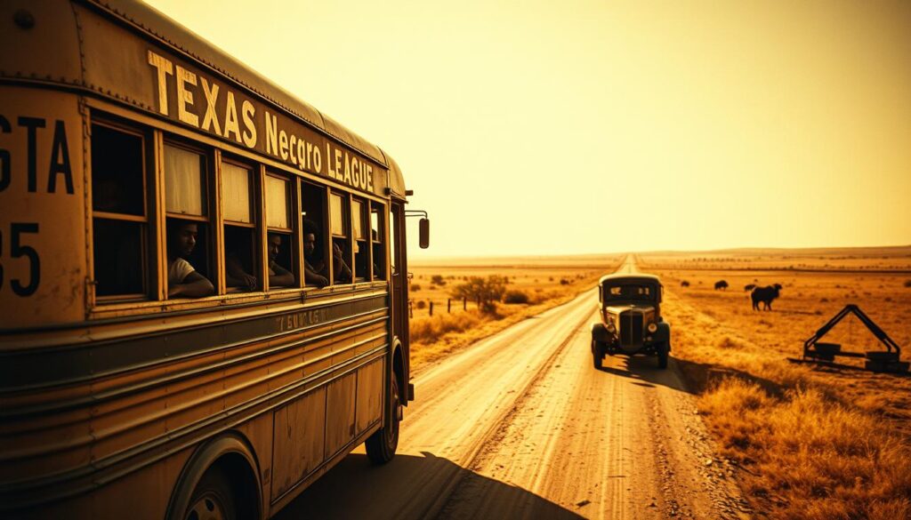 A vintage, sepia-toned image of a Texas Negro League team's bus traveling down a dusty, rural road. In the foreground, the bus is depicted in meticulous detail, its worn exterior and sturdy, utilitarian design capturing the resilience and determination of its passengers. The middle ground features the team members, their expressions a mixture of weariness and pride, as they gaze out the windows at the passing landscape. In the background, the vast, sun-drenched Texas countryside stretches out, a symbol of the challenges and triumphs these players faced in pursuit of their dreams. The scene is illuminated by a warm, golden light, conveying a sense of nostalgia and the perseverance of the human spirit.