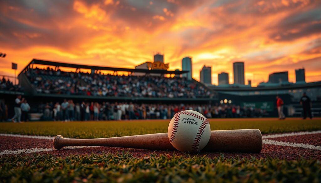 A dramatic scene capturing the essence of historic home run leaders in Texas baseball, featuring a baseball field at dusk, bathed in warm golden hour lighting. In the foreground, an iconic baseball bat resting against home plate, with a vintage baseball positioned near it, symbolizing record-setting moments. The middle layer showcases a vibrant crowd in the stands, dressed in both Texas Rangers and Houston Astros gear, cheering passionately. The background reveals a picturesque Texas skyline under a richly colored sunset, with the silhouette of a baseball stadium. A sense of nostalgia and excitement permeates the atmosphere, evoking the legacy of legendary Texas sluggers. Camera angle slightly tilted upward to emphasize the depth of the scene and the sky's beauty.