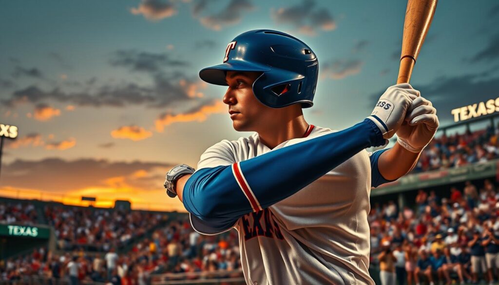 A dynamic baseball scene capturing the essence of defining moments in Texas baseball careers. In the foreground, a Texas player in a classic blue and white uniform, poised to swing a bat with intense focus, sweat glistening on their brow. The middle ground features a crowded stadium filled with enthusiastic fans, waving colorful banners and wearing team caps, conveying a palpable energy of anticipation. In the background, a picturesque sunset highlights the iconic Texas skyline, with hints of a baseball diamond silhouetted. The lighting is warm and dramatic, casting elongated shadows that evoke nostalgia. The composition is framed using a slightly low-angle perspective, emphasizing the player’s determination as a turning point in their career. The mood is triumphant and electric, celebrating pivotal moments in sports history.