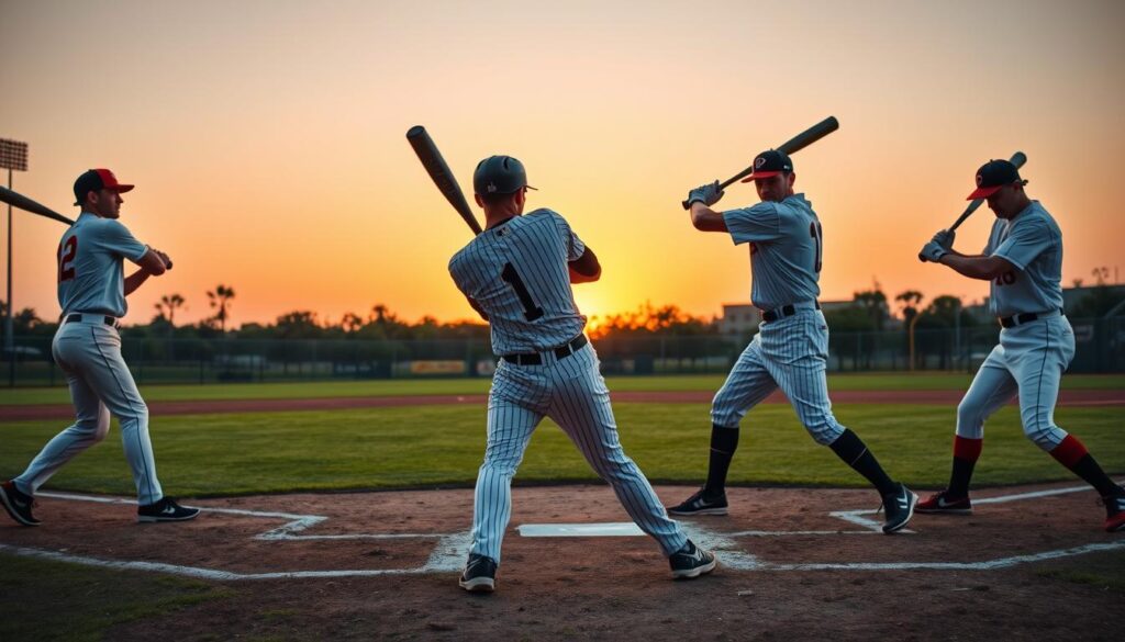 A dynamic baseball scene showcasing legendary hitters demonstrating innovative batting styles. In the foreground, three diverse players in modest athletic gear, each in unique batting stances: a left-handed power hitter, a right-handed slap hitter, and a switch-hitter, all embodying the spirit of Texas baseball. The middle ground features a vintage baseball diamond with a lush green outfield. In the background, a vibrant Texas sunset casts warm golden hues across a clear sky, enhancing the atmosphere of nostalgia and tradition. The lighting is soft yet dramatic, highlighting the intensity of the moment, with a slight depth of field to focus on the hitters. The image captures the essence of excitement and innovation in a classic American sport.