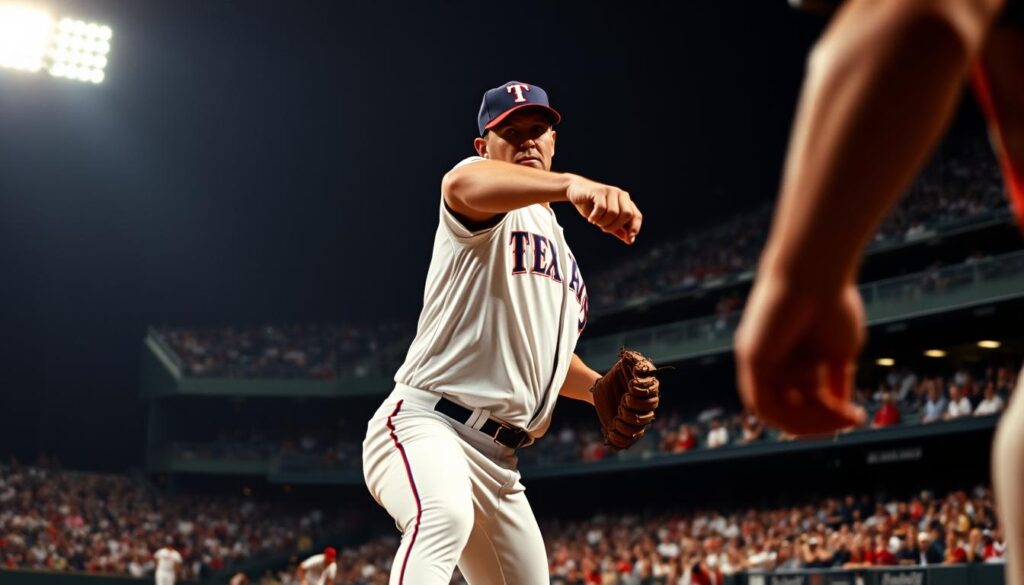A dynamic scene capturing Nolan Ryan mid-pitch, showcasing his iconic fastball during a game. In the foreground, Ryan, dressed in a classic Texas Rangers uniform, focuses intensely on the catcher, his body poised in an explosive wind-up. The middle ground features an impending batter, eyes wide, bracing for the pitch. The background includes a vibrant stadium filled with fans, their expressions capturing the excitement of the moment. Bright stadium lights illuminate the scene, casting dramatic shadows, while a low-angle perspective emphasizes Ryan's powerful stance. The mood is electric, filled with anticipation, as if time has paused just before the ball is released. The image should convey the intensity and skill of one of baseball's greatest strikeout pitchers, reflecting the thrill of the game.