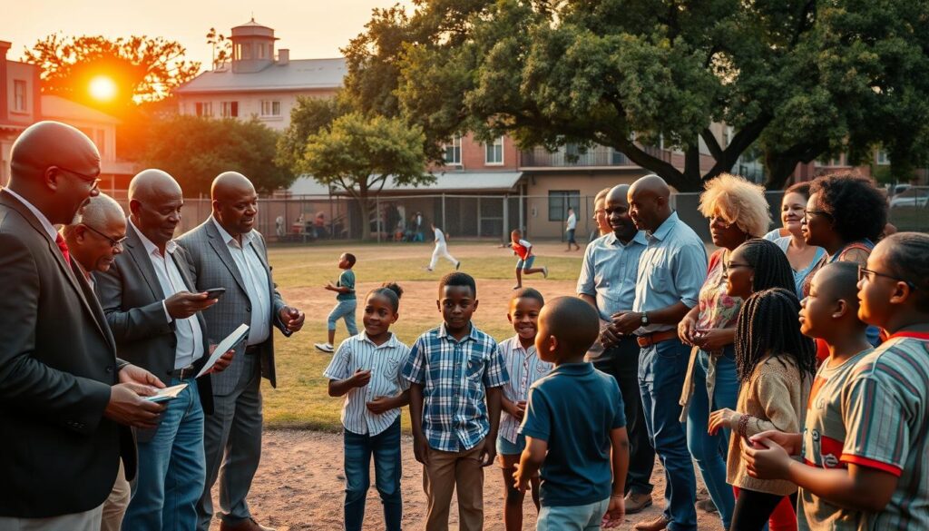 A dynamic scene showcasing the profound societal impact of figures from the Negro Leagues, centered on a diverse group of people gathered in a vibrant Texas neighborhood. In the foreground, a group of African American men and women, dressed in smart casual attire, engage with local youth, sharing stories and inspiring them with baseball memorabilia. In the middle, you see an old-fashioned baseball diamond, symbolizing the connection between community and sport, with children playing and laughing, capturing the joy and unity fostered by the league. The background features historic buildings and trees, under a warm sunset that bathes the scene in golden light, creating a sense of nostalgia and hope. The composition should evoke a mood of empowerment, inspiration, and community spirit. The angle is slightly elevated to capture the full essence of the gathering. A dynamic scene showcasing the profound societal impact of figures from the Negro Leagues, centered on a diverse group of people gathered in a vibrant Texas neighborhood. In the foreground, a group of African American men and women, dressed in smart casual attire, engage with local youth, sharing stories and inspiring them with baseball memorabilia. In the middle, you see an old-fashioned baseball diamond, symbolizing the connection between community and sport, with children playing and laughing, capturing the joy and unity fostered by the league. The background features historic buildings and trees, under a warm sunset that bathes the scene in golden light, creating a sense of nostalgia and hope. The composition should evoke a mood of empowerment, inspiration, and community spirit. The angle is slightly elevated to capture the full essence of the gathering.