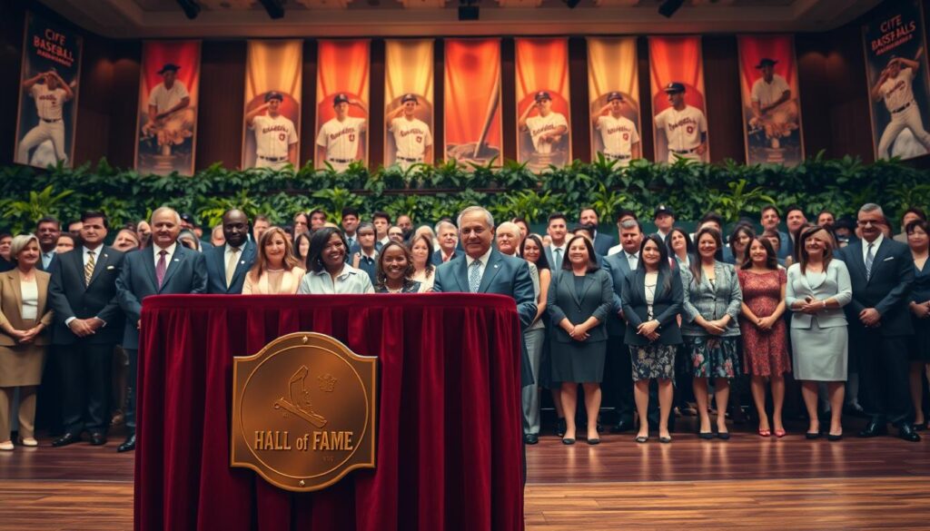 A grand Hall of Fame induction ceremony, showcasing a visually stunning setting. In the foreground, a polished wooden podium draped with a rich burgundy cloth, featuring a gleaming golden plaque engraved with the words "Hall of Fame." To the left, a diverse group of well-dressed inductees, clad in professional attire, embodying pride and achievement. In the middle ground, the audience is captivated, their expressions reflecting admiration and joy. The background features elegant banners adorned with historic baseball imagery and lush greenery, adding vibrancy. Warm, ambient lighting bathes the scene, creating a celebratory atmosphere reminiscent of a momentous occasion. A wide-angle perspective emphasizes the grandeur of the event without any text, ensuring focus on the ceremony's emotional essence. A grand Hall of Fame induction ceremony, showcasing a visually stunning setting. In the foreground, a polished wooden podium draped with a rich burgundy cloth, featuring a gleaming golden plaque engraved with the words "Hall of Fame." To the left, a diverse group of well-dressed inductees, clad in professional attire, embodying pride and achievement. In the middle ground, the audience is captivated, their expressions reflecting admiration and joy. The background features elegant banners adorned with historic baseball imagery and lush greenery, adding vibrancy. Warm, ambient lighting bathes the scene, creating a celebratory atmosphere reminiscent of a momentous occasion. A wide-angle perspective emphasizes the grandeur of the event without any text, ensuring focus on the ceremony's emotional essence.
