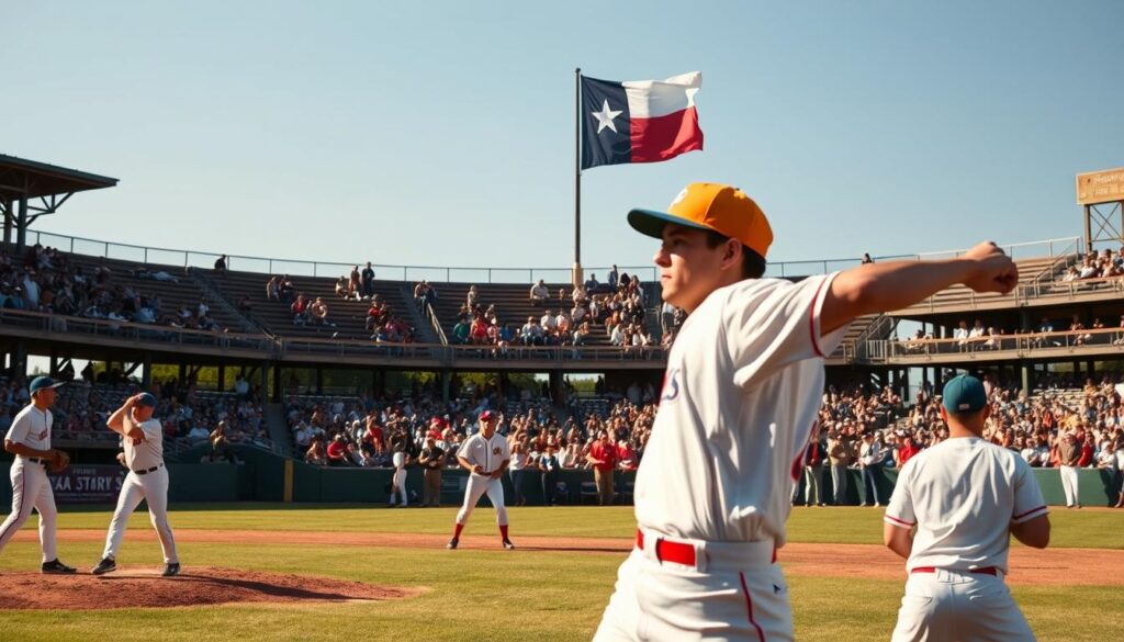 A historic Texas baseball field during a state championship game, showcasing a dynamic scene with players in vintage 1950s baseball uniforms, featuring bright white shirts and colored caps. In the foreground, a pitcher winds up for a crucial throw, while in the middle ground, a diverse group of spectators, dressed in casually classic attire, catches the excitement of the game, with hats and gloves on display. The background is filled with rustic wooden bleachers and a Texas flag fluttering in the breeze against a clear blue sky, depicting a warm afternoon. The lighting is golden and warm, resembling the late afternoon sun, casting soft shadows and creating a nostalgic, triumphant atmosphere, evoking the rich history of Texas baseball dynasties.