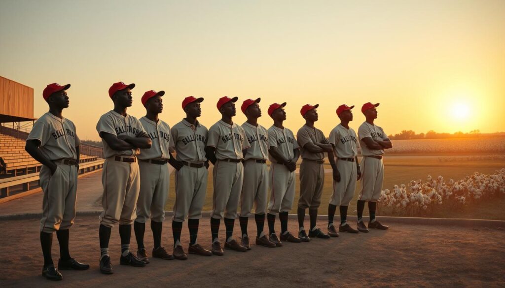 A historical photo depicting the prominent Texas teams of the Negro Leagues. In the foreground, a group of African American baseball players wearing vintage uniforms, including caps and cleats, stand proudly, showcasing their camaraderie and spirit. The middle ground features a rustic baseball field with vintage seating and wooden bleachers, capturing the essence of 1930s-1940s baseball culture. In the background, a faded Texas landscape under a golden sunset, with cotton fields gently swaying, adds depth to the scene. The lighting is warm and soft, evoking nostalgia. The angle captures the players looking towards the horizon, symbolizing hope and perseverance. Overall, the mood is reverent and uplifting, honoring the legacy of these unsung heroes. A historical photo depicting the prominent Texas teams of the Negro Leagues. In the foreground, a group of African American baseball players wearing vintage uniforms, including caps and cleats, stand proudly, showcasing their camaraderie and spirit. The middle ground features a rustic baseball field with vintage seating and wooden bleachers, capturing the essence of 1930s-1940s baseball culture. In the background, a faded Texas landscape under a golden sunset, with cotton fields gently swaying, adds depth to the scene. The lighting is warm and soft, evoking nostalgia. The angle captures the players looking towards the horizon, symbolizing hope and perseverance. Overall, the mood is reverent and uplifting, honoring the legacy of these unsung heroes.
