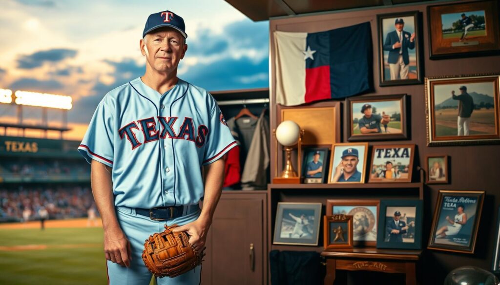 A nostalgic scene capturing Nolan Ryan, the legendary Texas pitcher, surrounded by memorabilia from his illustrious career. In the foreground, Ryan is depicted in a light blue Texas Rangers jersey, standing confidently, with a baseball glove in one hand and a baseball in the other, exuding charisma and determination. The middle ground features a vintage locker adorned with classic baseball trophies, a Texas flag, and framed photographs showcasing memorable moments throughout his career. In the background, a softly lit baseball stadium at sunset, with fans cheering, evokes the excitement of the game. The atmosphere is filled with a sense of legacy and celebration, illuminated by warm, glowing lights that create a heartfelt mood. Captured with a shallow depth of field, the focus is on Ryan while the background gently blurs, emphasizing the importance of his personal stories and trivia. A nostalgic scene capturing Nolan Ryan, the legendary Texas pitcher, surrounded by memorabilia from his illustrious career. In the foreground, Ryan is depicted in a light blue Texas Rangers jersey, standing confidently, with a baseball glove in one hand and a baseball in the other, exuding charisma and determination. The middle ground features a vintage locker adorned with classic baseball trophies, a Texas flag, and framed photographs showcasing memorable moments throughout his career. In the background, a softly lit baseball stadium at sunset, with fans cheering, evokes the excitement of the game. The atmosphere is filled with a sense of legacy and celebration, illuminated by warm, glowing lights that create a heartfelt mood. Captured with a shallow depth of field, the focus is on Ryan while the background gently blurs, emphasizing the importance of his personal stories and trivia.