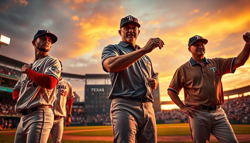 A vibrant scene capturing the essence of Texas baseball dynasties, featuring key players and coaches in a dynamic composition. In the foreground, three diverse male and female players in professional baseball uniforms showcase their determination and skills, while an experienced male coach gestures passionately, wearing a Texas baseball cap and a polo shirt. The middle ground highlights an iconic Texas baseball stadium, its grandstands filled with enthusiastic fans. The background features a dramatic sunset, painting the sky in warm orange and purple hues, creating an energetic and inspiring atmosphere. The lighting is soft yet impactful, casting long shadows that emphasize the players’ strength. The angle is slightly low, evoking a sense of grandeur, as if celebrating their legacy under the Texas sun.