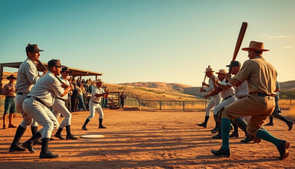 A vibrant scene depicting early Texas pioneers engaged in baseball on a dusty field. In the foreground, a diverse group of players in vintage baseball uniforms from the late 1800s showcase classic poses, bat in hand, ready to hit or pitch. Their expressions are filled with determination and teamwork. In the middle ground, an old wooden bleacher filled with enthusiastic fans in period attire, clapping and cheering, captures the excitement of the game. The background features rolling Texan hills under a bright blue sky with soft, warm lighting suggesting late afternoon sun. The image conveys a nostalgic atmosphere, celebrating the spirit and camaraderie of early Texas baseball, with a focus on tradition and teamwork.