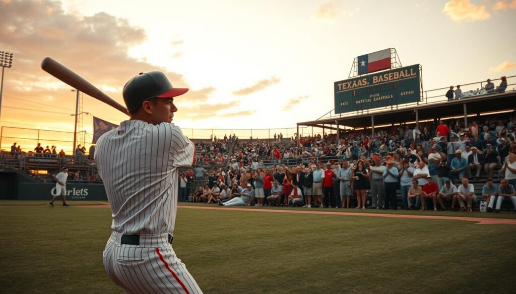 A vintage baseball field scene capturing the rich historical context of Texas baseball. In the foreground, an iconic baseball player in professional attire, poised mid-swing, is depicted with intense concentration. In the middle ground, a diverse crowd of cheering fans, dressed in 1960s attire, passionately supports their team. The background features an old-fashioned scoreboard, rustic bleachers, and a clear Texas sky blending into soft sunset hues, casting warm, nostalgic light over the scene. The angle is slightly elevated, providing a dynamic view of the action and atmosphere. The mood is vibrant and nostalgic, evoking a sense of unity and pride in Texas baseball history. No text or overlays are included.
