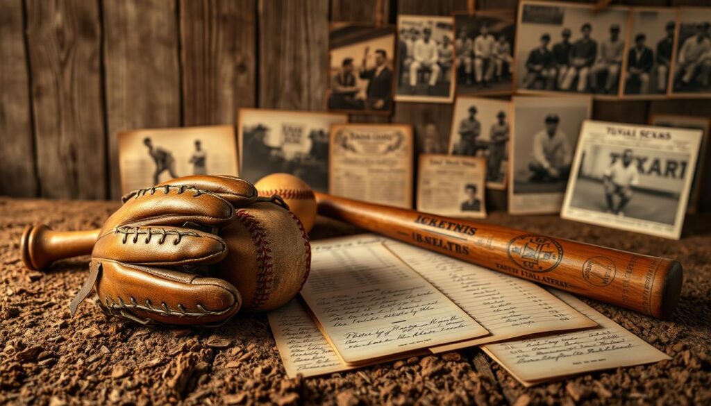 A vintage display of 19th-century baseball artifacts set against a rustic wooden backdrop. Foreground features an antique baseball glove, a wooden bat with intricate engravings, and a leather ball worn from use, arranged artistically on a weathered baseball field. In the middle ground, a collection of handwritten records and early baseball cards are spread out, showcasing historic player statistics and team rosters, illuminated by soft, warm lighting that evokes nostalgia. The background is filled with faded photographs of early Texas baseball teams, subtly blurred to create depth. The atmosphere is rich with history, capturing the spirit and passion of the early days of baseball in Texas. Use a natural lens with a shallow depth of field to highlight the artifacts while softly blurring the background.