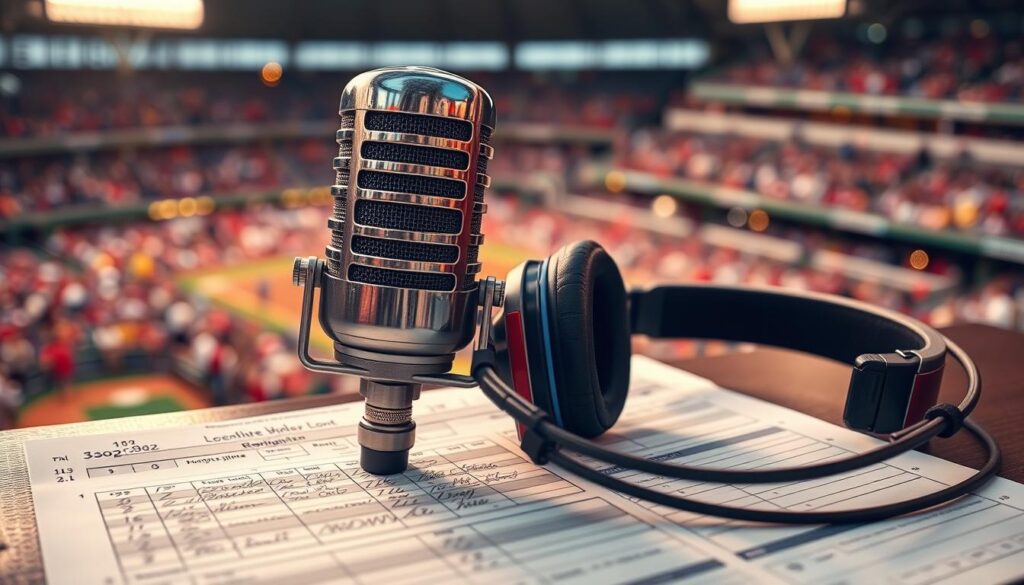 A close-up view of a broadcasting booth microphone and a professional headset placed atop a baseball scorecard, showcasing detailed handwritten scores and player statistics. The microphone, sleek and metallic, reflects soft overhead lighting, while the headset is positioned casually next to it, with a hint of vibrant team colors. In the background, blurred silhouettes of a stadium filled with cheering fans create a lively atmosphere, enhancing the scene's energy. The lens focuses sharply on the microphone and headset, captured at a slight angle to add depth, while warm, inviting light imbues a nostalgic feel reminiscent of legendary broadcasts. The image conveys a sense of history and passion for baseball, celebrating the voices that have narrated unforgettable moments in the game. A close-up view of a broadcasting booth microphone and a professional headset placed atop a baseball scorecard, showcasing detailed handwritten scores and player statistics. The microphone, sleek and metallic, reflects soft overhead lighting, while the headset is positioned casually next to it, with a hint of vibrant team colors. In the background, blurred silhouettes of a stadium filled with cheering fans create a lively atmosphere, enhancing the scene's energy. The lens focuses sharply on the microphone and headset, captured at a slight angle to add depth, while warm, inviting light imbues a nostalgic feel reminiscent of legendary broadcasts. The image conveys a sense of history and passion for baseball, celebrating the voices that have narrated unforgettable moments in the game.