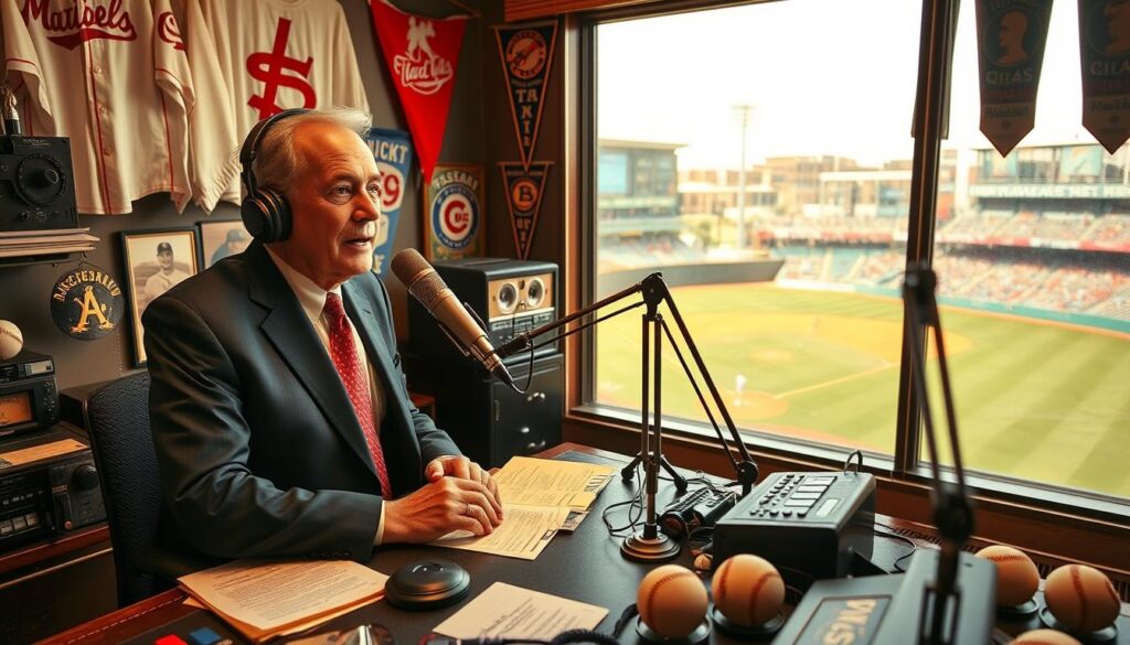 A nostalgic scene depicting the essence of Texas baseball broadcasting culture, highlighting a vintage radio studio filled with memorabilia such as classic baseball jerseys, old microphones, and historic baseballs. In the foreground, a seasoned broadcaster in professional business attire passionately speaking into a microphone, surrounded by notes and photographs of legendary players. The middle ground features the studio set, showcasing sound equipment and colorful team pennants hanging on the walls. In the background, a window reveals a sunlit outdoor baseball field, with the excitement of a game in progress. Soft, warm lighting enhances the atmosphere, evoking a sense of nostalgia and homage to the rich history of baseball. The perspective captures the intimacy of the broadcast, inviting viewers into a world where voices shape the game. A nostalgic scene depicting the essence of Texas baseball broadcasting culture, highlighting a vintage radio studio filled with memorabilia such as classic baseball jerseys, old microphones, and historic baseballs. In the foreground, a seasoned broadcaster in professional business attire passionately speaking into a microphone, surrounded by notes and photographs of legendary players. The middle ground features the studio set, showcasing sound equipment and colorful team pennants hanging on the walls. In the background, a window reveals a sunlit outdoor baseball field, with the excitement of a game in progress. Soft, warm lighting enhances the atmosphere, evoking a sense of nostalgia and homage to the rich history of baseball. The perspective captures the intimacy of the broadcast, inviting viewers into a world where voices shape the game.