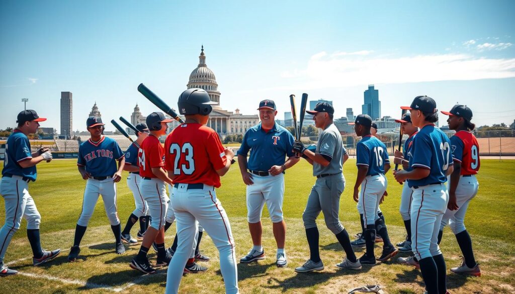 A vibrant scene depicting Texas baseball talent being showcased internationally, emphasizing cultural exchange in sports. In the foreground, a diverse group of young baseball players, dressed in professional athletic gear, are engaging in practice with bats and gloves, radiating energy and enthusiasm. In the middle, a coach, wearing a Texas Rangers cap, is demonstrating techniques while interacting with players. The background features iconic Texas landmarks, such as the state capitol building and wide-open fields under a clear blue sky, suggesting a connection to Texas roots. The atmosphere is bright and optimistic, capturing the essence of baseball as a global language. Soft sunlight casts dynamic shadows, and the angle is slightly elevated to encompass the players and the skyline together. A vibrant scene depicting Texas baseball talent being showcased internationally, emphasizing cultural exchange in sports. In the foreground, a diverse group of young baseball players, dressed in professional athletic gear, are engaging in practice with bats and gloves, radiating energy and enthusiasm. In the middle, a coach, wearing a Texas Rangers cap, is demonstrating techniques while interacting with players. The background features iconic Texas landmarks, such as the state capitol building and wide-open fields under a clear blue sky, suggesting a connection to Texas roots. The atmosphere is bright and optimistic, capturing the essence of baseball as a global language. Soft sunlight casts dynamic shadows, and the angle is slightly elevated to encompass the players and the skyline together.