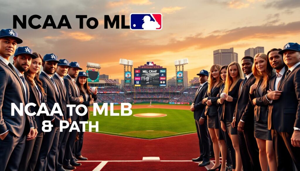A visually engaging representation of the "NCAA to MLB Draft Path." In the foreground, a diverse group of young athletes, dressed in professional business attire, stands confidently, each holding a baseball or wearing a cap with the MLB logo. In the middle, depict a dynamic transition: an NCAA baseball field merging into an MLB stadium, showcasing vibrant team colors and cheering fans. In the background, add a dramatic skyline of a city, symbolizing the journey from college grounds to major league dreams. Utilize warm sunset lighting to create an inspiring atmosphere, with a focus on the athletes' determined expressions. The angle should be slightly low to emphasize their ambition and the expansive path before them.