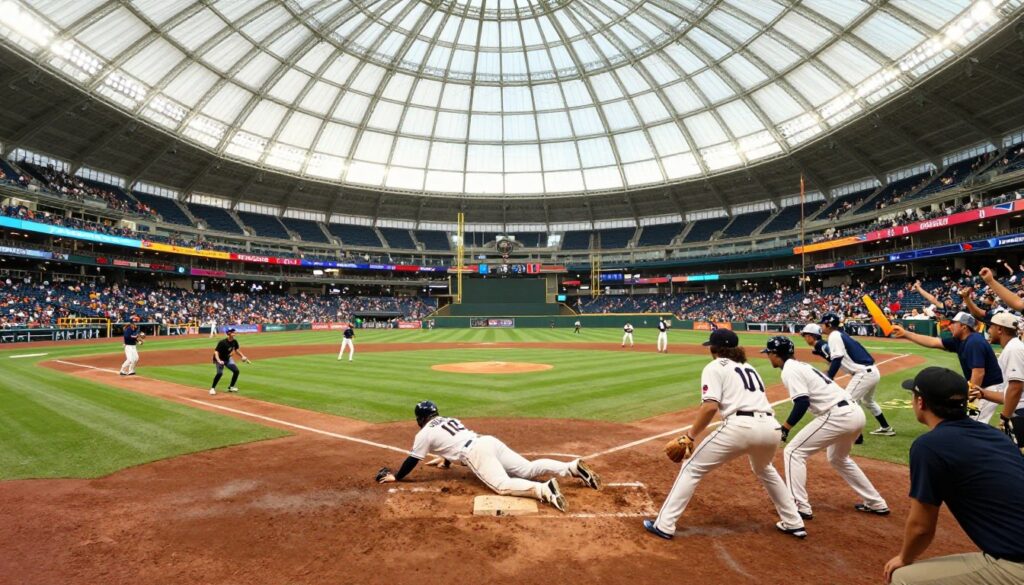 A vibrant baseball game unfolding inside a majestic domed stadium, showcasing fans in the stands, dressed in casual sports attire, cheering enthusiastically. In the foreground, a diverse group of players in crisp white and team-colored uniforms is engaged in an exciting play at home plate, with one player sliding in for a dramatic finish. The middle ground reveals players on the field, a vivid green outfield, and bases clearly marked. In the background, the glowing dome envelops the scene, with bright stadium lights illuminating the action and colorful banners showcasing team logos. The atmosphere is electric, filled with anticipation and joy under the expansive dome, captured from a low angle to emphasize the scale of the stadium. The lighting is bright, evoking a sense of excitement and camaraderie.