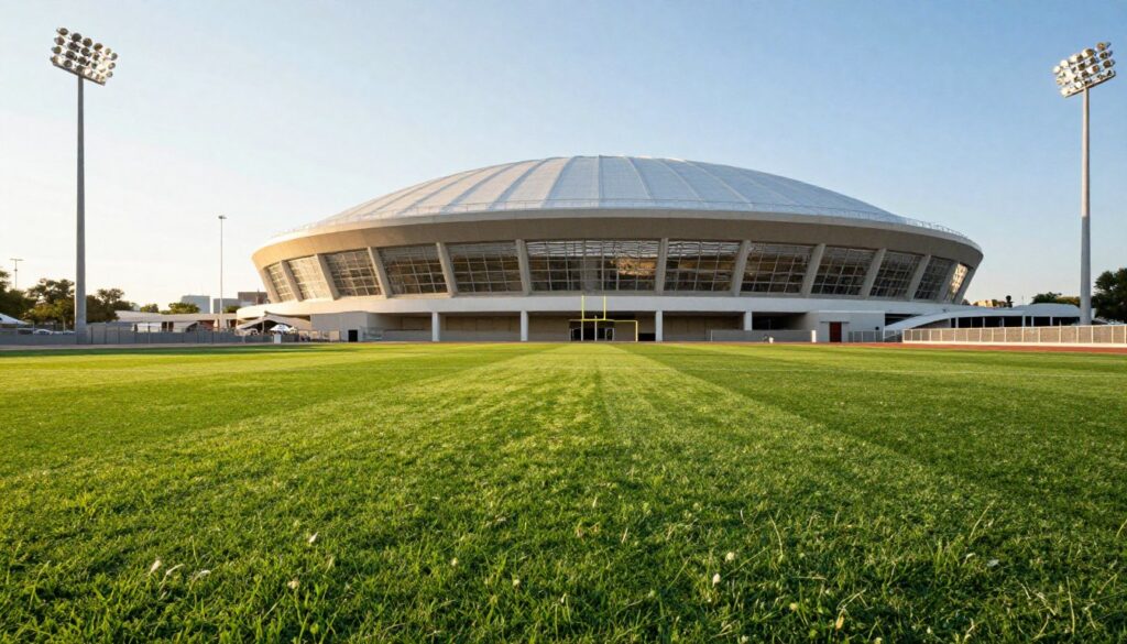 A vibrant view of the Astrodome's artificial turf field, showcasing its lush, meticulously maintained green grass with a realistic texture, reflecting the innovative design of the 1960s. In the foreground, capture the vivid colors of the turf, contrasting against the sleek, modern stadium lights illuminating the scene. The middle ground reveals the iconic Astrodome structure, with its distinctive domed top and large transparent sections allowing natural light to spill in. The background features a bright, blue sky, hinting at a sunny game day atmosphere. The overall mood is nostalgic yet lively, emphasizing the technological marvel of artificial turf and its impact on televised sports. Utilize a warm, golden-hour lighting effect to enhance the inviting feel of the scene, viewed from a low angle to emphasize the grandeur of the Astrodome.
