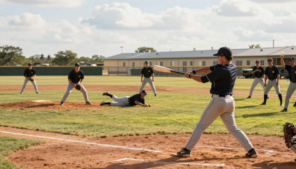 A scene depicting a lively military baseball game taking place on a sun-drenched Texas field, capturing a diverse group of service members in professional athletic attire, actively engaging in the game. In the foreground, a batter with a focused expression winds up to hit the ball, surrounded by teammates cheering enthusiastically. In the middle ground, soldiers are shown in a dynamic interplay—one sliding into home plate while another catches the ball, all set against a backdrop of towering barracks and military vehicles, subtly hinting at the wartime setting. The background features an expansive sky with soft clouds, evoking a warm, uplifting mood. The lighting is bright and natural, casting long shadows on the grass, with a slight lens blur to enhance the depth of field, emphasizing the action and camaraderie in this unique military bond through sport.