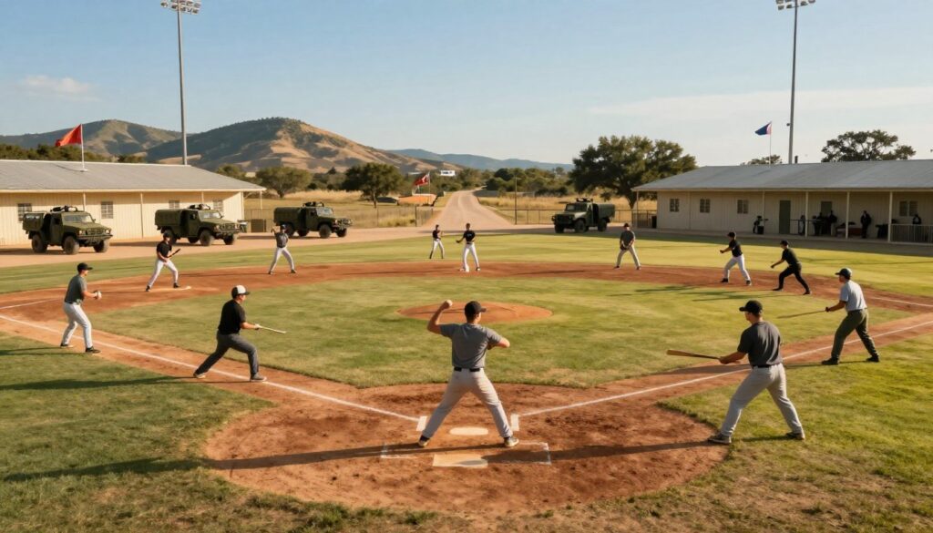 A vibrant scene depicting a military training base in Texas transformed into a baseball ecosystem during wartime. In the foreground, soldiers in modest casual clothing are practicing their pitching and batting on a well-maintained baseball diamond, with authentic military barracks visible in the background. The middle ground features a small, dusty road lined with military vehicles, with flags waving gently in the breeze. In the background, rolling hills of Texas and a clear blue sky provide a picturesque setting, with the sun casting warm, golden light across the field, enhancing the sense of camaraderie and teamwork. The mood is energetic and lively, capturing the spirit of baseball as a unifying activity amidst military life.