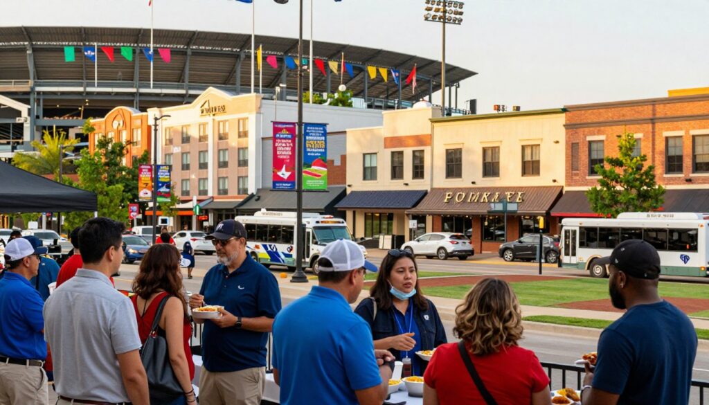 A bustling urban scene reflecting tourism in Texas focused on a vibrant baseball district. In the foreground, a diverse group of people, wearing smart casual clothing, are engaging in conversation while enjoying food from local vendors. The middle layer showcases an array of hotel buildings, each with unique architectural styles, advertisement banners for upcoming baseball games, and shuttles or transit vehicles moving along the busy streets. In the background, a baseball stadium looms, with colorful flags and greenery adding a lively touch to the scene. The lighting is warm and inviting, simulating late afternoon sun, with a slightly blurred depth of field to emphasize the foreground. The overall mood is energetic and welcoming, capturing the essence of tourism coupled with the excitement of Texas baseball.