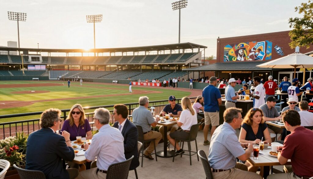 A vibrant ballpark district scene in Texas, showcasing a bustling atmosphere. In the foreground, people in professional business attire and modest casual clothing are enjoying outdoor dining and mingling at lively cafes and bars. In the middle ground, a classic baseball stadium stands proudly, with fans donning team jerseys, and food vendors selling local delicacies. The background features a mix of modern and historic buildings, adorned with murals representing local culture. The lighting is warm and inviting, simulating late afternoon sun casting golden hues. A slight lens flare enhances the cheerful ambience. The overall mood is energetic and community-focused, capturing the essence of lively ballpark districts as centers of economic activity.
