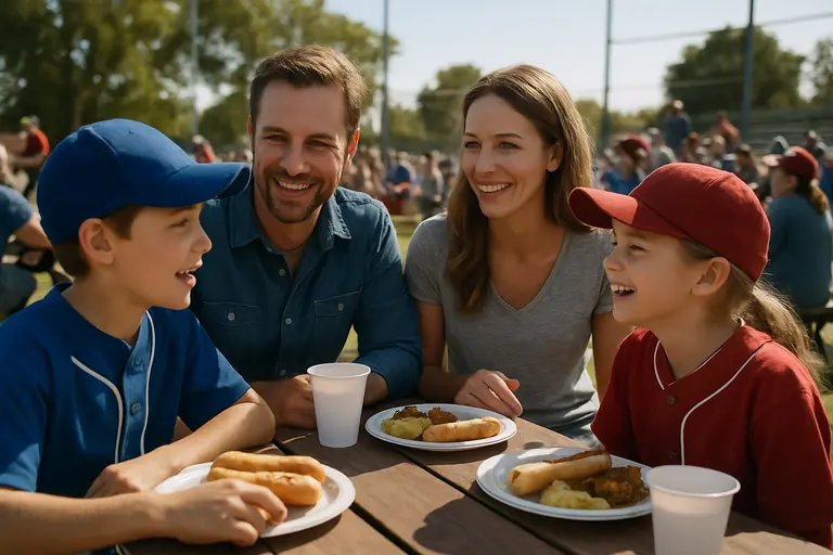 A youth baseball coach talks with players near the baseline during a Texas tournament