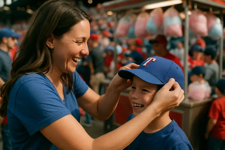 A multigenerational family walks through a ballpark concourse before first pitch