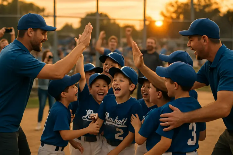 Young baseball players listening to a coach between games in Beaumont