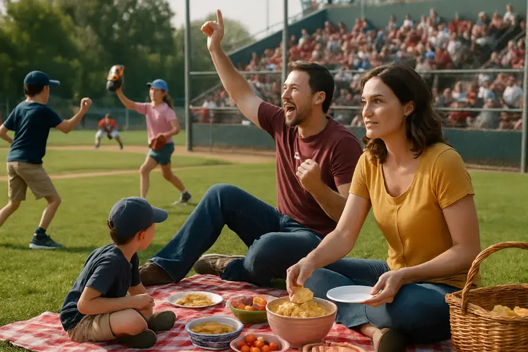 Families gathered near a baseball field during a youth sports celebration