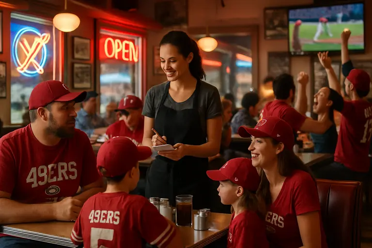 Local vendors serving fans near a small baseball stadium concourse