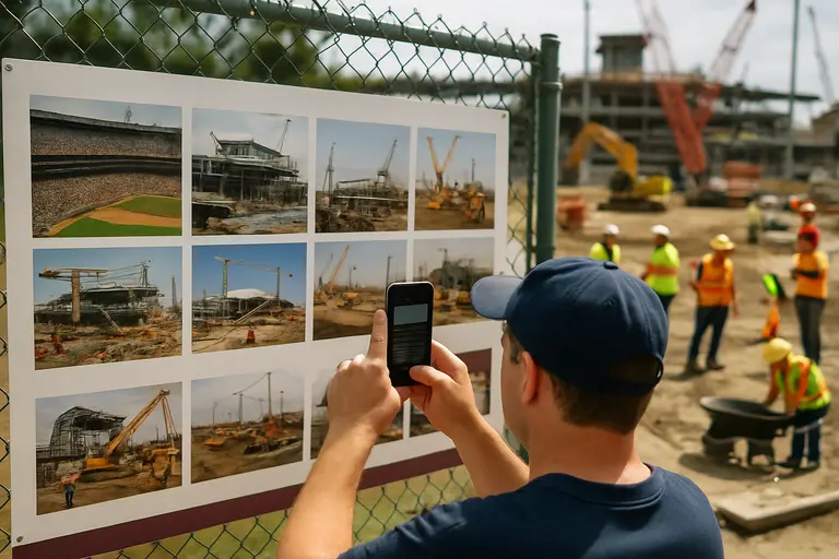 A campus construction site viewed from near a baseball field walkway