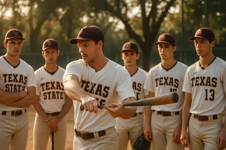 A college coach speaks with a hitter beside a practice net on a Texas field