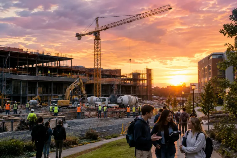 Campus construction fencing beside a university training building