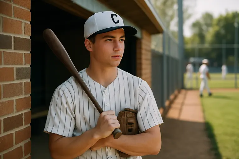 High school baseball player standing near a dugout before practice