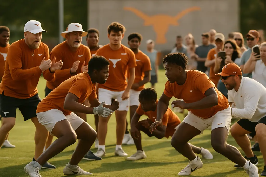 Longhorns Recruiting board with Texas high school football gear on a practice field