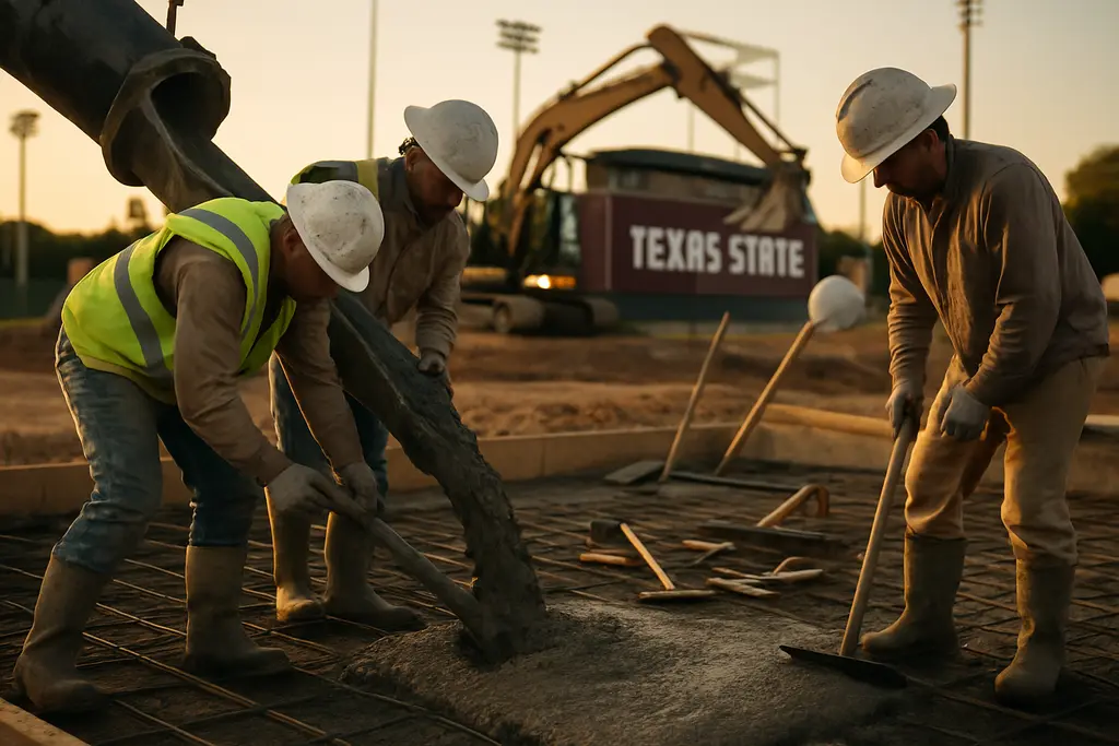 Texas State pitching lab construction area near a college ballpark in San Marcos
