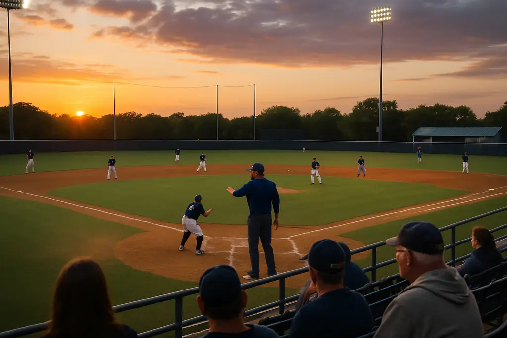 UTSA Baseball Facility planning scene at Roadrunner Field with players practicing near seating