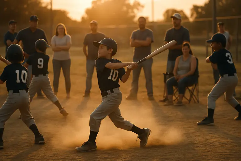 Young baseball players warming up while families watch from nearby seats